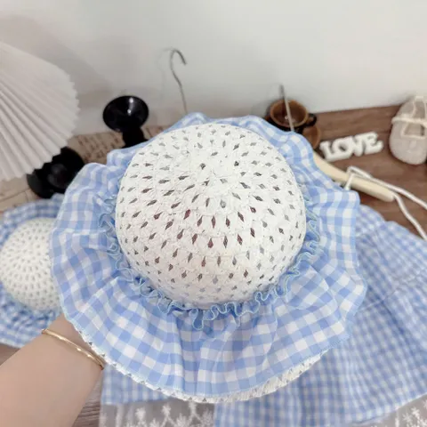 Váy cho bé gái, set váy 2 dây caro xanh kèm mũ vành xinh xắn, mát mẻ cho bé 10-30kg