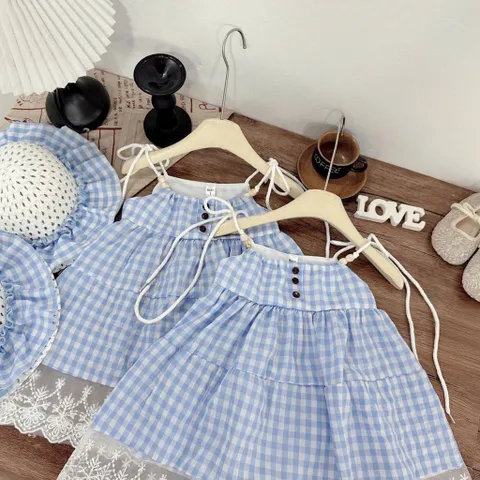 Váy cho bé gái, set váy 2 dây caro xanh kèm mũ vành xinh xắn, mát mẻ cho bé 10-30kg