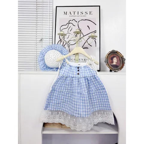Váy cho bé gái, set váy 2 dây caro xanh kèm mũ vành xinh xắn, mát mẻ cho bé 10-30kg