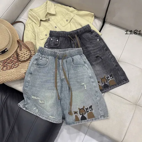 Quần đùi bé gái, quần short jean thêu hình mèo cho bé 18-50kg