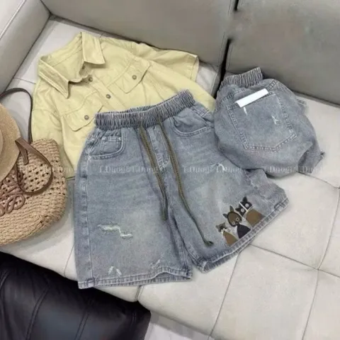 Quần đùi bé gái, quần short jean thêu hình mèo cho bé 18-50kg