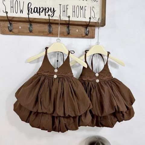 Váy cho bé gái, Set áo 2 dây kèm chân váy bí phồng – tone nâu tây thời thượng size 10-30kg