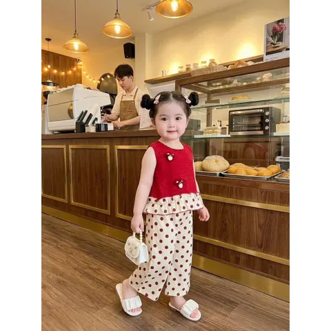Đồ bộ bé gái, set bộ bé gái áo sát nách thô đũi sticker hình nấm kèm quần suông chấm bi dễ thương cho bé size 10-30kg