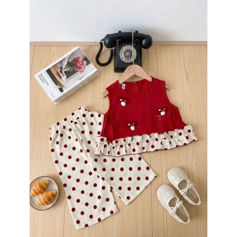 Đồ bộ bé gái, set bộ bé gái áo sát nách thô đũi sticker hình nấm kèm quần suông chấm bi dễ thương cho bé size 10-30kg