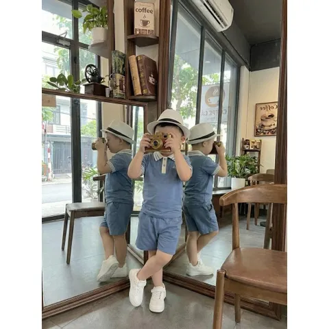 Quần áo bé trai, set bộ áo polo cộc tay thêu hình lá kèm quần short đùi cho bé 8-20kg