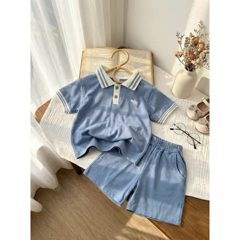 Quần áo bé trai, set bộ áo polo cộc tay thêu hình lá kèm quần short đùi cho bé 8-20kg