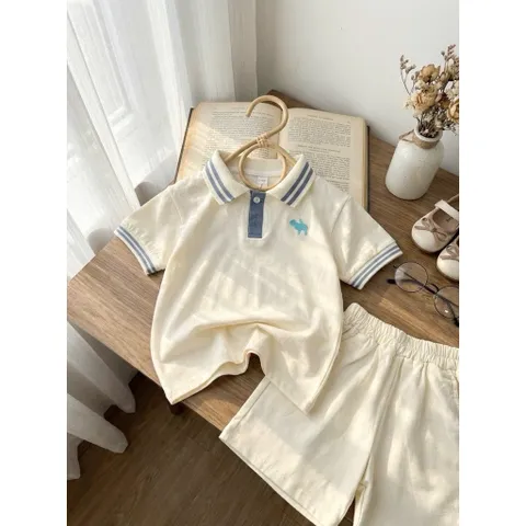 Quần áo bé trai, set bộ áo polo cộc tay thêu hình lá kèm quần short đùi cho bé 8-20kg