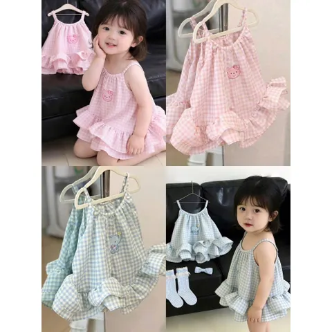 Váy cho bé gái, váy 2 dây kẻ caro dáng babydoll bèo 2 tầng bồng bềnh cho bé 10-30kg