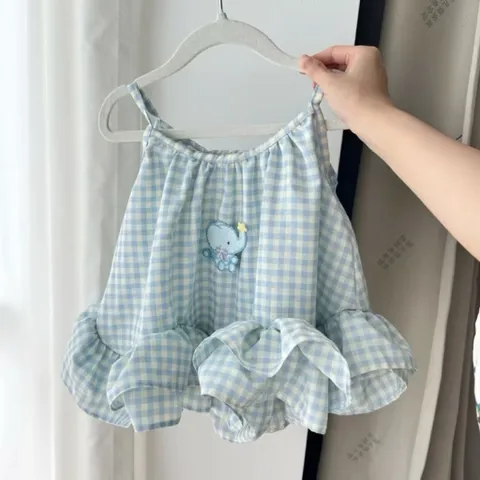 Váy cho bé gái, váy 2 dây kẻ caro dáng babydoll bèo 2 tầng bồng bềnh cho bé 10-30kg