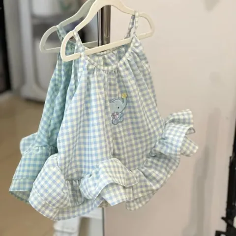 Váy cho bé gái, váy 2 dây kẻ caro dáng babydoll bèo 2 tầng bồng bềnh cho bé 10-30kg
