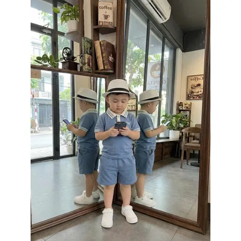 Quần áo bé trai, set bộ áo polo cộc tay thêu hình lá kèm quần short đùi cho bé 8-20kg