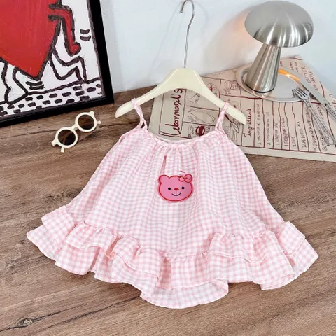 Váy cho bé gái, váy 2 dây kẻ caro dáng babydoll bèo 2 tầng bồng bềnh cho bé 10-30kg