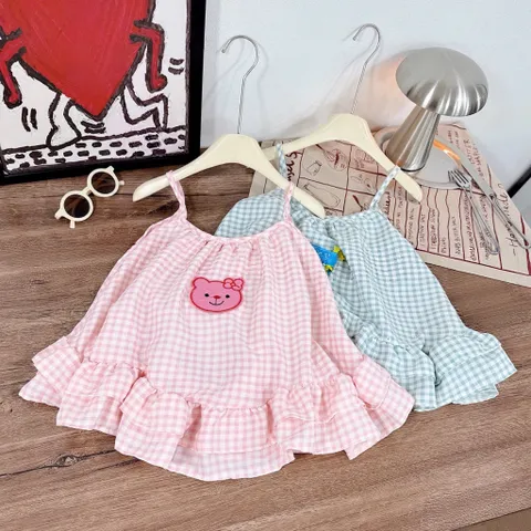 Váy cho bé gái, váy 2 dây kẻ caro dáng babydoll bèo 2 tầng bồng bềnh cho bé 10-30kg