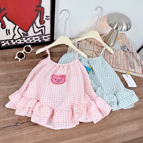 Váy cho bé gái, váy 2 dây kẻ caro dáng babydoll bèo 2 tầng bồng bềnh cho bé 10-30kg