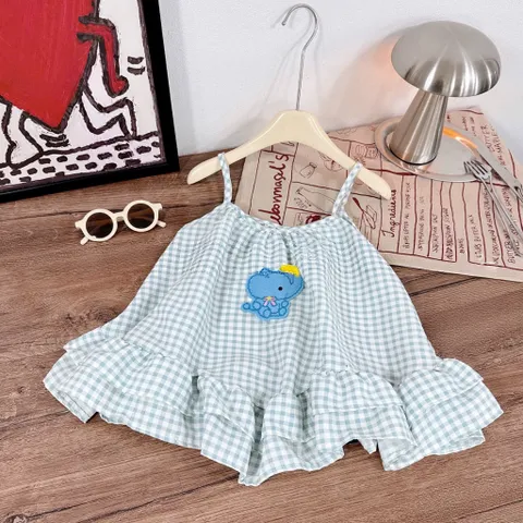 Váy cho bé gái, váy 2 dây kẻ caro dáng babydoll bèo 2 tầng bồng bềnh cho bé 10-30kg