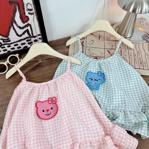 Váy cho bé gái, váy 2 dây kẻ caro dáng babydoll bèo 2 tầng bồng bềnh cho bé 10-30kg
