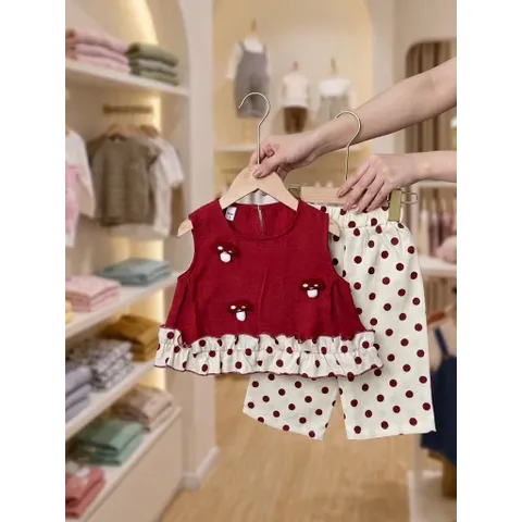 Đồ bộ bé gái, set bộ bé gái áo sát nách thô đũi sticker hình nấm kèm quần suông chấm bi dễ thương cho bé size 10-30kg