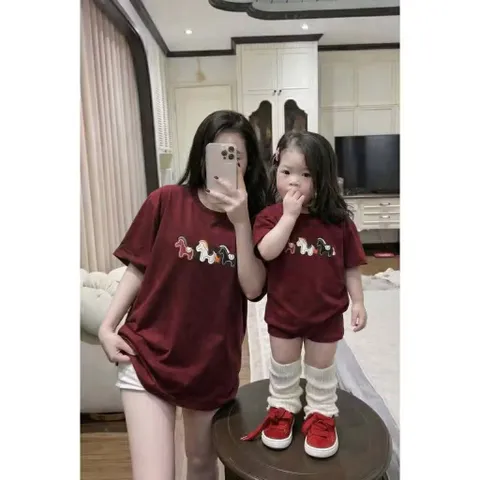 Áo phông mẹ và bé, áo cotton thêu đâp 3 chú ngựa size 9-65kg