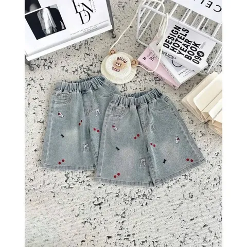 Quần đùi bé gái, quần short jean thêu hình sắc nét cho bé 18-50kg