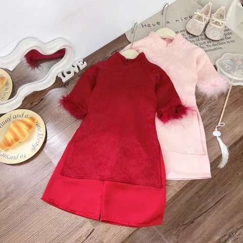 Áo dài cách tân cho bé, set áo dài gấm hoạ tiết dệt chìm ống tay phối lông kèm quần lụa cho bé gái 8-30kg