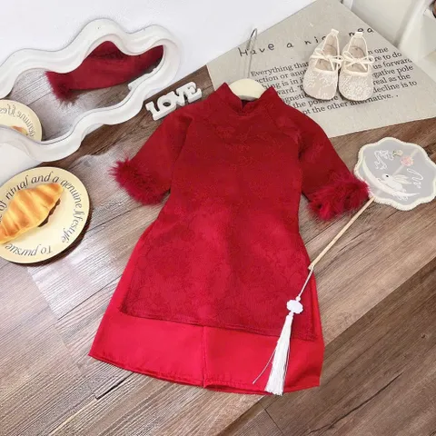 Áo dài cách tân cho bé, set áo dài gấm hoạ tiết dệt chìm ống tay phối lông kèm quần lụa cho bé gái 8-30kg