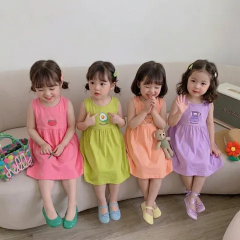 Váy bé gái, váy cotton sát nách họa tiết dễ thương cho bé 10-35kg