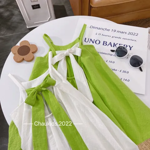 Váy bé gái, Váy maxi 2 dây nơ lưng tone xanh cốm- trắng siêu yêu cho bé