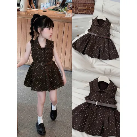 Váy cho bé gái, váy sát nách chấm bi tone nâu Hàn Quốc kèm dây lưng cho bé 10-30kg
