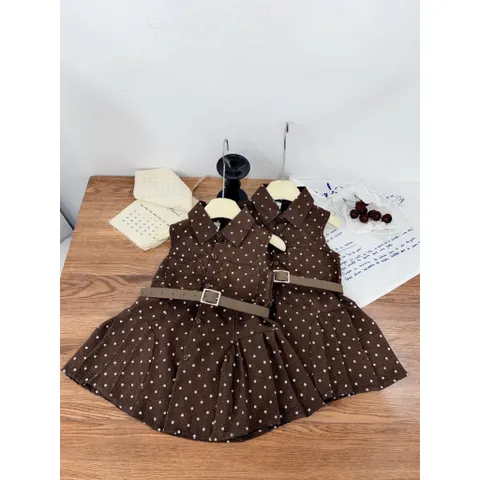 Váy cho bé gái, váy sát nách chấm bi tone nâu Hàn Quốc kèm dây lưng cho bé 10-30kg