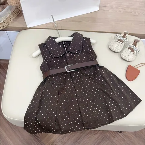Váy cho bé gái, váy sát nách chấm bi tone nâu Hàn Quốc kèm dây lưng cho bé 10-30kg
