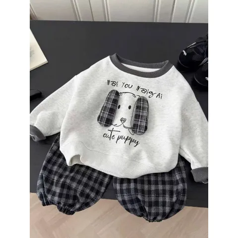 Quần áo thu đông bé trai, Set bộ nỉ cotton ấm áp họa tiết thêu đắp chó Cute Happy kèm quần dạ kẻ cho bé 8–24kg
