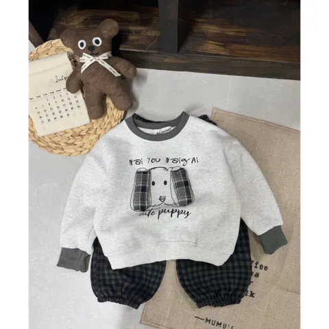 Quần áo thu đông bé trai, Set bộ nỉ cotton ấm áp họa tiết thêu đắp chó Cute Happy kèm quần dạ kẻ cho bé 8–24kg