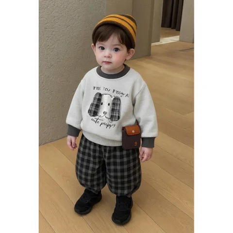 Quần áo thu đông bé trai, Set bộ nỉ cotton ấm áp họa tiết thêu đắp chó Cute Happy kèm quần dạ kẻ cho bé 8–24kg