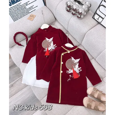 Áo dài cách tân cho bé, set cặp áo dài nhung phối viền ánh vành thêu họa tiết chim én cho bé trai và bé gái 8-30kg