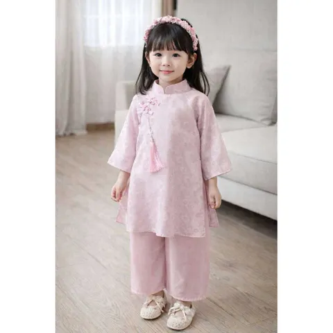 Áo dài cách tân cho bé gái, set 3ct: áo dài lụa vân hoa cúc tone hồng kèm quần và bờm cho bé 9-27kg
