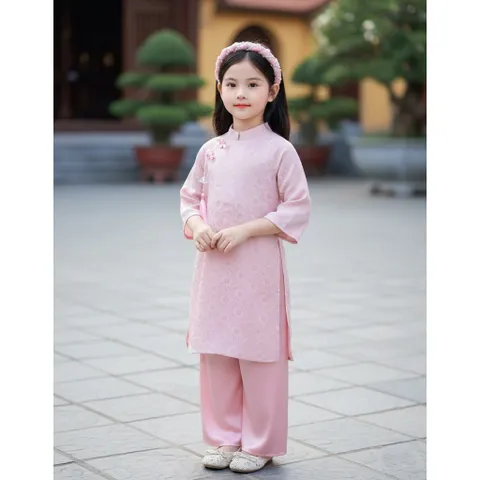 Áo dài cách tân cho bé gái, set 3ct: áo dài lụa vân hoa cúc tone hồng kèm quần và bờm cho bé 9-27kg