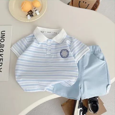 Quần áo bé trai, set bộ áo polo cộc tay kẻ xanh kèm quần Short Kaki cho bé size 8-25kg