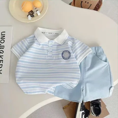 Quần áo bé trai, set bộ áo polo cộc tay kẻ xanh kèm quần Short Kaki cho bé size 8-25kg