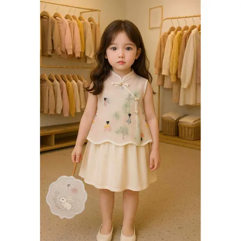 Váy bé gái, set váy trung thu áo cổ tàu kèm chân váy bồng cho bé 10-30kg