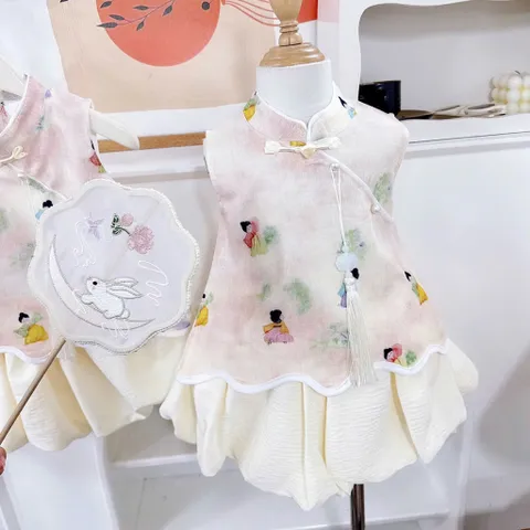 Váy bé gái, set váy trung thu áo cổ tàu kèm chân váy bồng cho bé 10-30kg