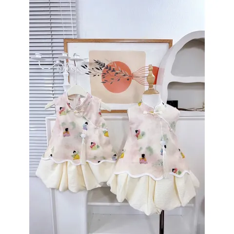 Váy bé gái, set váy trung thu áo cổ tàu kèm chân váy bồng cho bé 10-30kg
