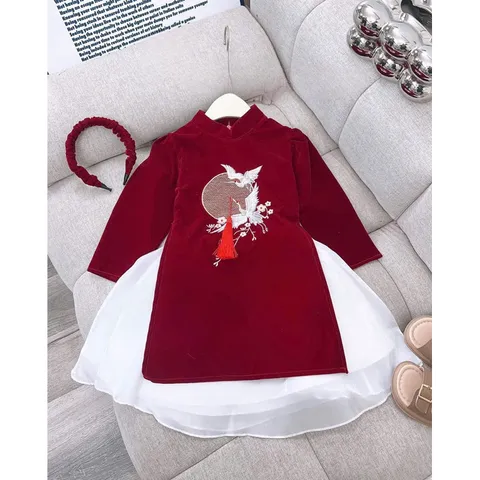 Áo dài cách tân cho bé, set cặp áo dài nhung phối viền ánh vành thêu họa tiết chim én cho bé trai và bé gái 8-30kg