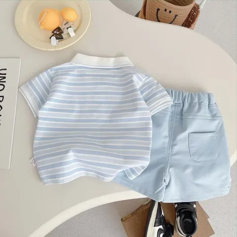 Quần áo bé trai, set bộ áo polo cộc tay kẻ xanh kèm quần Short Kaki cho bé size 8-25kg