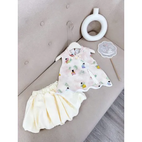 Váy bé gái, set váy trung thu áo cổ tàu kèm chân váy bồng cho bé 10-30kg