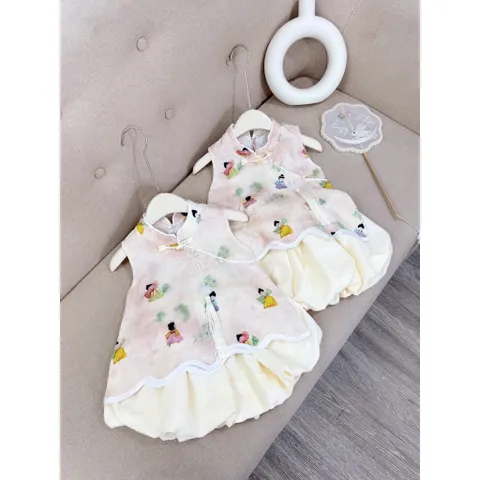 Váy bé gái, set váy trung thu áo cổ tàu kèm chân váy bồng cho bé 10-30kg