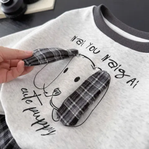 Quần áo thu đông bé trai, Set bộ nỉ cotton ấm áp họa tiết thêu đắp chó Cute Happy kèm quần dạ kẻ cho bé 8–24kg
