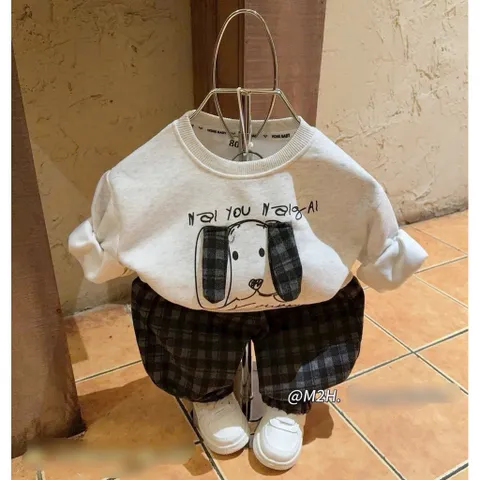 Quần áo thu đông bé trai, Set bộ nỉ cotton ấm áp họa tiết thêu đắp chó Cute Happy kèm quần dạ kẻ cho bé 8–24kg