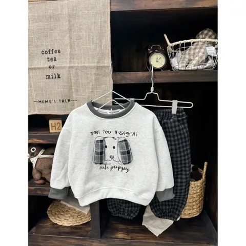 Quần áo thu đông bé trai, Set bộ nỉ cotton ấm áp họa tiết thêu đắp chó Cute Happy kèm quần dạ kẻ cho bé 8–24kg