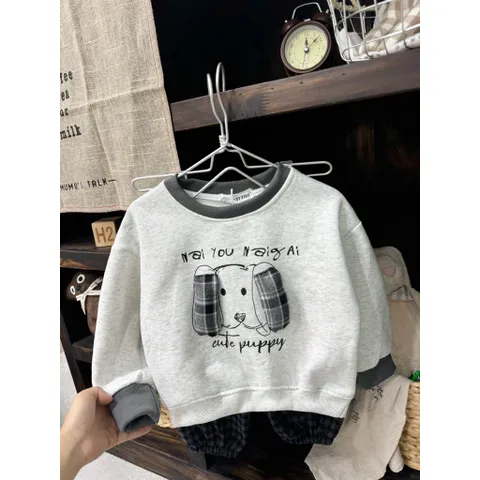 Quần áo thu đông bé trai, Set bộ nỉ cotton ấm áp họa tiết thêu đắp chó Cute Happy kèm quần dạ kẻ cho bé 8–24kg