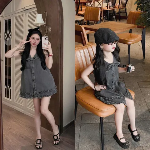 Váy cho bé gái, váy Jean suông cổ nơ năng động cho bé gái 10-32kg